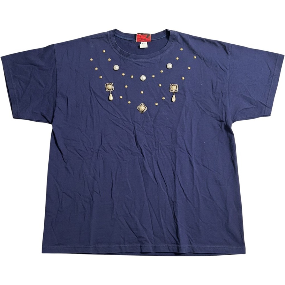 Sweet Blondie Vintage Navy Blue Pearl Embellished T-Shirt Made in USA 3X